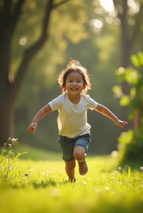 "A joyful Thai  running towards the viewer with open arms, smiling brightly as if excited to reunite with their mother. The  is in a lush green garden with soft sunlight filtering through the trees, wearing casual, comfortable clothing. The background is w...