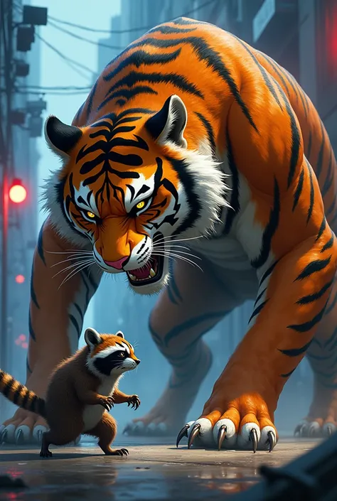 A raccoon and an anime-type tiger fighting
