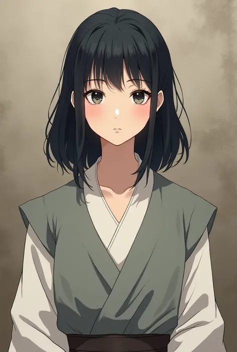  with dark hair ，Around the age of 14 ，A cute woman dressed in plain hair ，It is mainly grayish and white， The background is a medieval civilian，Anime style，No background required，Full body portrait