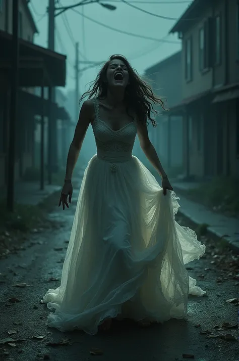 The bride is crying and screaming with her dress torn, looking for help in the dark, lonely and dark town. 