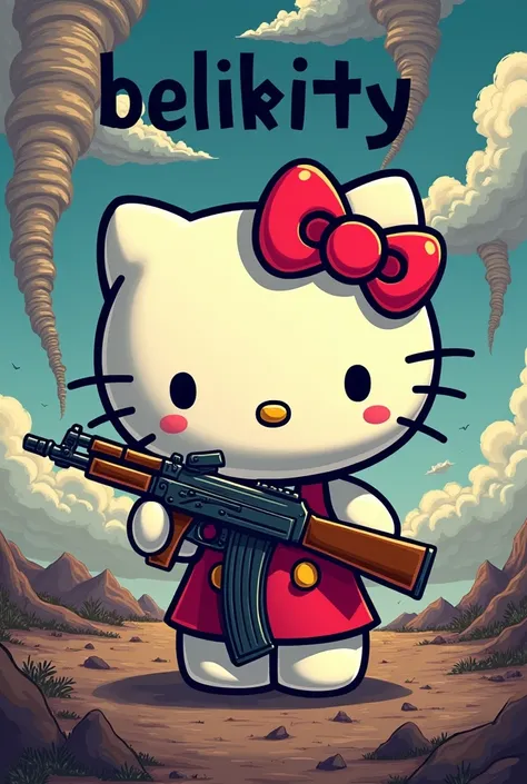 A cartoon some letters that say belikitty and hello kitty in the background with a very warlike AK47 and tornados in the background 