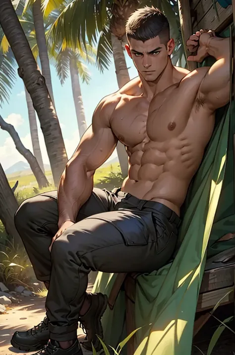 Physically fit and wild man, quiet and comfortable background, topless, survival pants. Handsome face, shining eyes, confident and determined, looking down, crew cut, shot from an angle. Relaxing in camp. Full body. A nihilistic look. Emotional.