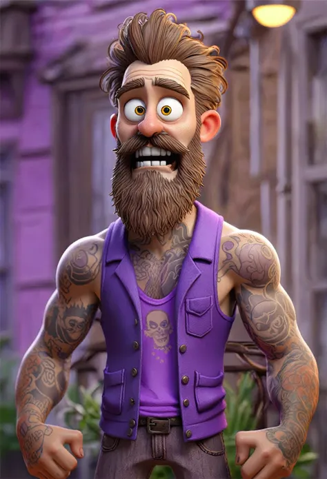  crooked man with tattoos and beard in a purple vest,  highly detailed character ,  cartoon character , 3d character art,  iconic high level of detail character , 3d character render,  digital cartoon painting ,  highly detailed character  design, 3d chara...