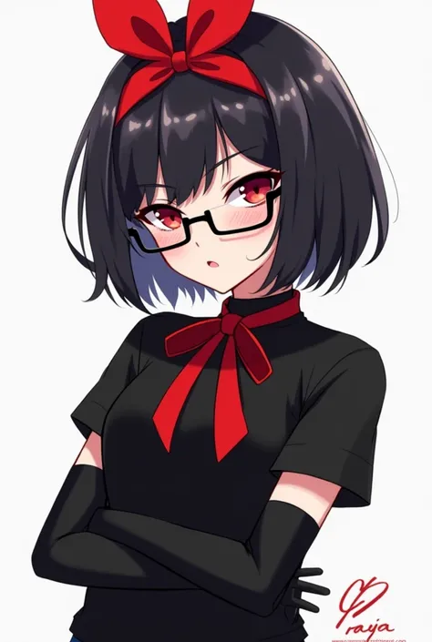 A girl with short hair and a red color  ,with glasses and a red bow on her head , and a black t-shirt with a short black hair and black armband warmers and a red ribbon around her neck