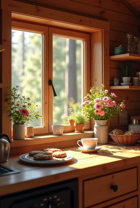 Kitchen counter in a log house、 warm room、 freshly brewed warm coffee and delicious cookies、Flowers are displayed near the window 、 Warm sunlight shining through the window 、Outside is a forest full of greenery 、