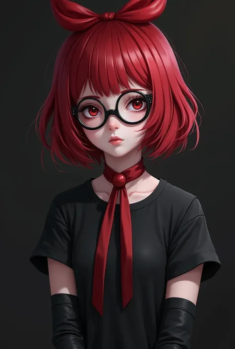 A girl with short, blood-red hair ,with glasses and a red bow on her head , and a black t-shirt with a short black hair and black armband warmers and a red ribbon around her neck