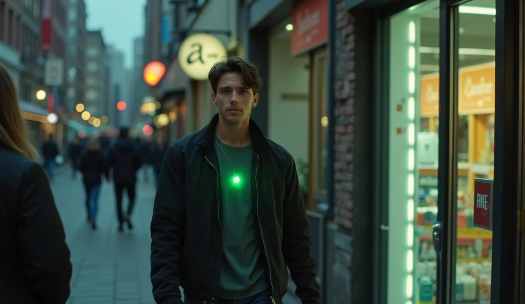 Ultra-realistic 22-year-old man with a small green luminous dot in the middle of his forehead, leaving a store on an uncrowded street