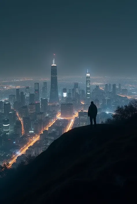 Megalopolis being observed in the first person from a hill in the total darkness of the night