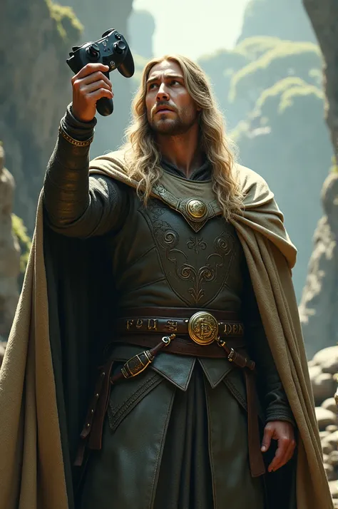 lord of the rings, But holding a video game joystick instead of the ring. 