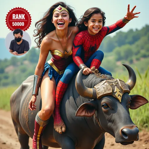 Spider-Man and Wonder Woman, both in superhero costumes, are atop a water buffalo.  Wonder Woman, light-skinned, young adult female, wears a vibrant, stylized Wonder Woman costume with a golden tiara, and a short, fitted skirt. Her brown hair flows freely....