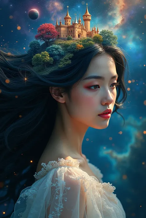 " A dazzling woman with delicate features ,  surrounded by a mystical universe .  Her long and voluminous black hair is transformed into a dazzling fantasy world, filled with floating castles ,  enchanted forests ,  and brilliant rivers that meander throug...