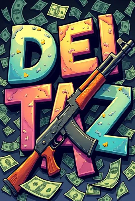 A cartoon some letters that say Dei20taz and in the background the choky with a warlike AK47 and background money