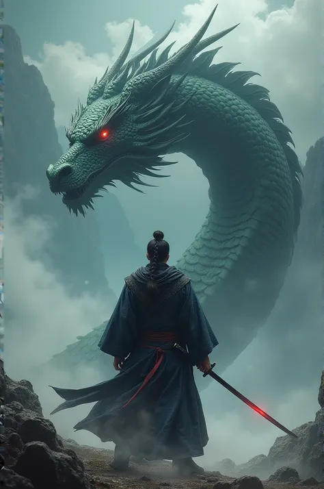 Man carrying katana facing backwards looking at an dragon