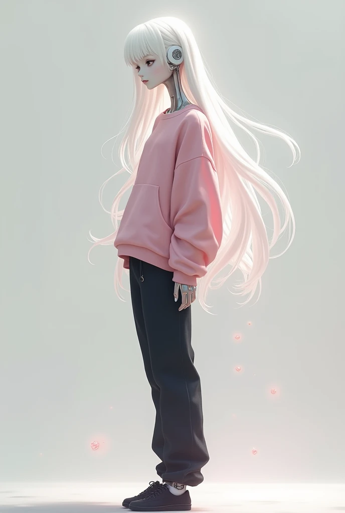  Robot girl in white tone ,  long white hair, pink sweatshirt,  loose black pants and black shoes,a white ahoge  
