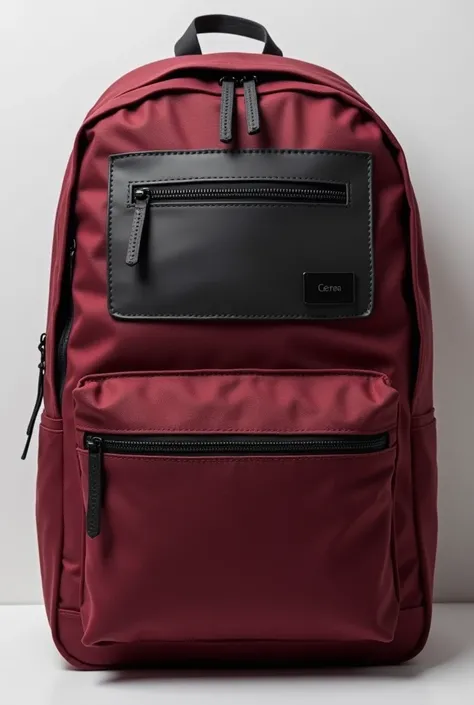 Bag with two zips on the back made of red wine-colored canvas material with black placket for laptop with four pockets
