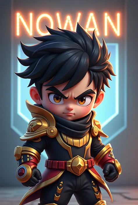 Create a realistic profile icon the cute angry boy fighter with Gold LED unique armor and mask its look like moba games at the background is LED font "NOWAN" with wall