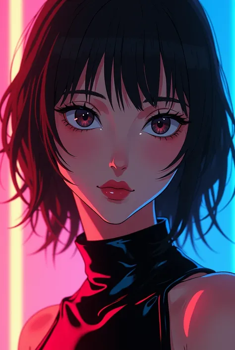 a beautiful woman, from the front, with a latex dress, 90s anime style, panavision, neon colors