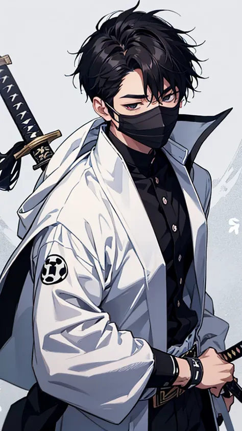 Male, Japanese, college student, short black hair, his face is not visible because he has a black mask with white symbols, black clothes with white dots and a sword