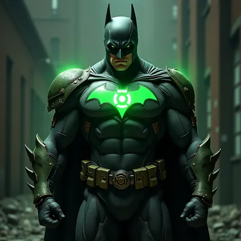 Create in 3D a Batman with green lantern powers ,  your breastplate symbol must be a fusion of the symbols of Batman and Green Lantern, must have rustic and shiny armor, essa armadura deve expelir uma luz verde