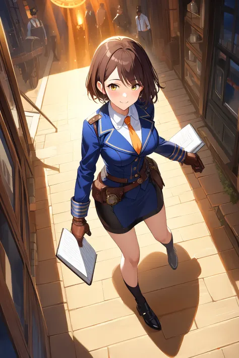 1 girl, (charming face), 22 years old, (short hair:1.2), (playful wink), large breasts, slim, (wearing stylish steampunk police outfit:1.4), above knee length skirt, (leather gloves), BREAK  
Busy marketplace, steam rising from vents, (interrogating a susp...