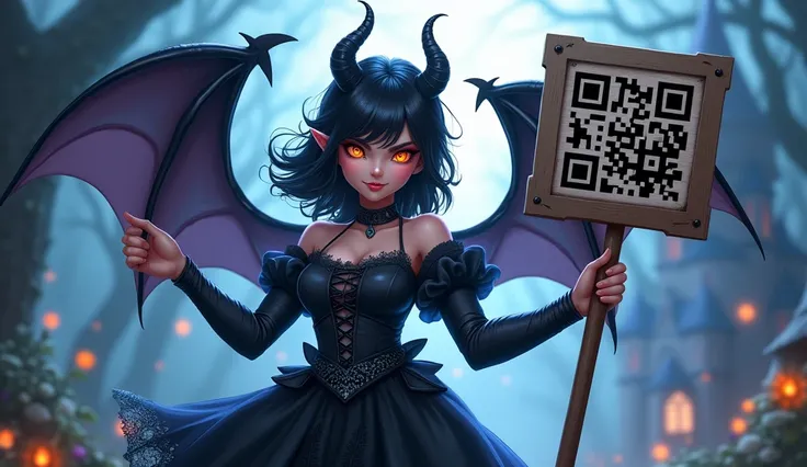  1girl(devil,Cute, (chibi:0.5), big eyes ,  orange eyes ,horn,  hair color dark , Fine hair,Cute hair style, gothic dress ,beautiful dress,breast,  black bat wings ,  sparkling blue scales , sign big angry ,Cute smile,  holding a large wooden hand sign (((...