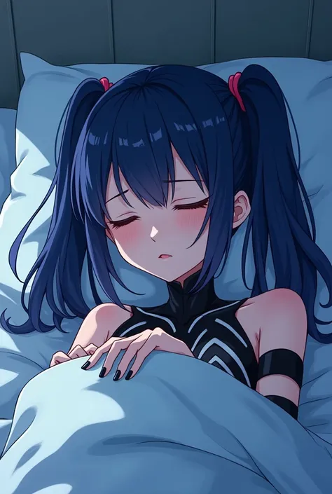 It generates a 16-year-old girl, she has dark blue hair, 2 pigtails, wide feet, a suit like Venoms.
generating asleep in an uncovered bed, her arms at her sides, frowning and clinging to the blanket of her bed,
Generate in anime style