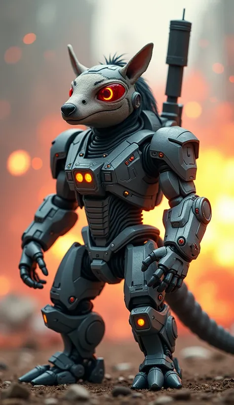 cute baby giant anteater in War Machine costume, wearing metallic gray armor with back-mounted weapons and a red visor. Show him in a powerful pose, in a futuristic battle setting with explosions in the background