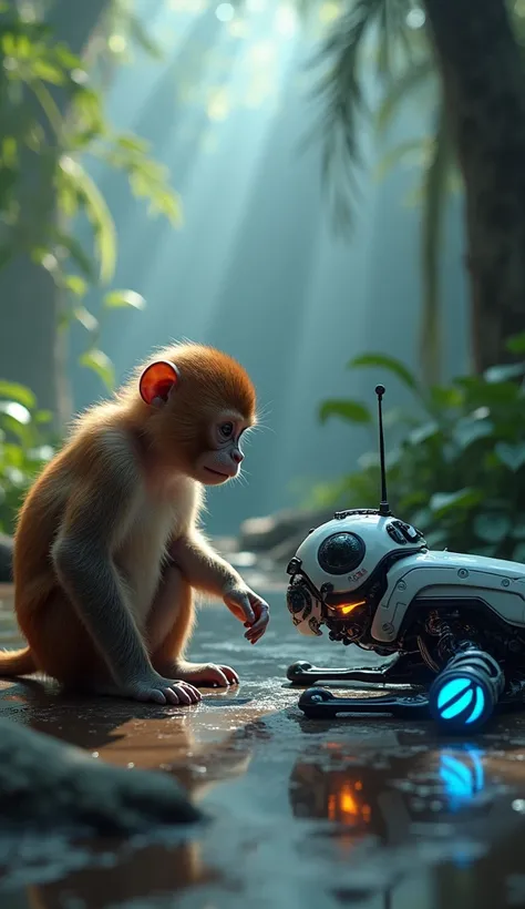 "Create a digital art composition titled Monkey + Drone in the scene. The image should feature:

Monkey: On the left side, a highly detailed, realistic monkey with soft brown fur. Its body is partially fused with drone elements: its arms and legs are sleek...