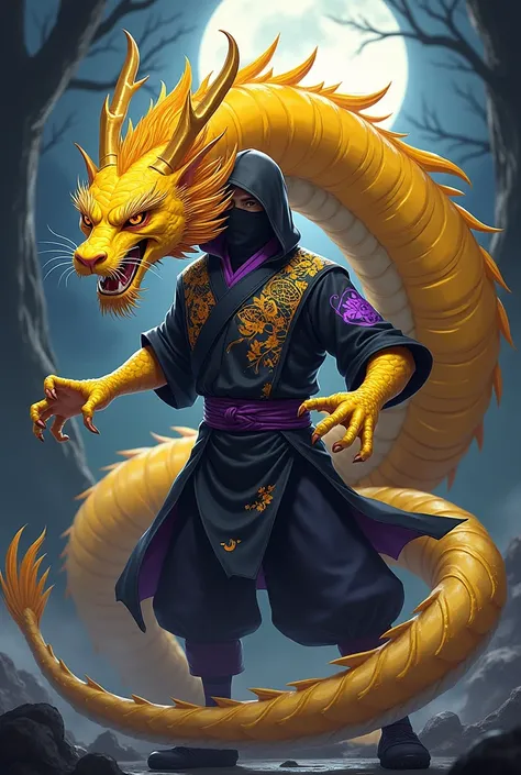 Anime: yellow dragon wearing black/purple ninja garb with tiger motif