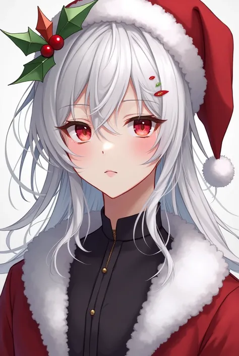  male anime photo with white hair and red eyes with Christmas headdress