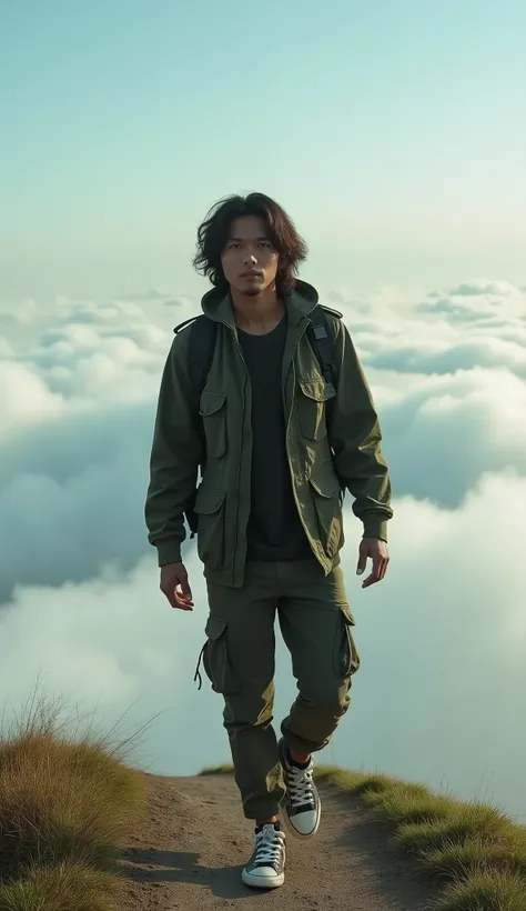 A 30-year-old Indonesian man is walking on a fantasy road above the clouds, the whole road is filled with clouds and fog, his eyes are staring sharply as if he is upset with the situation, he has wavy shoulder-length hair, he is wearing a tight and shabby ...