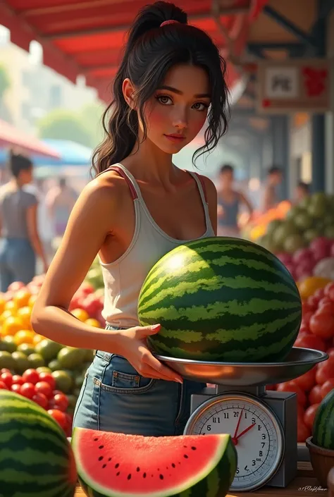 the woman is at the watermelon counter and is putting the watermelon on the scales