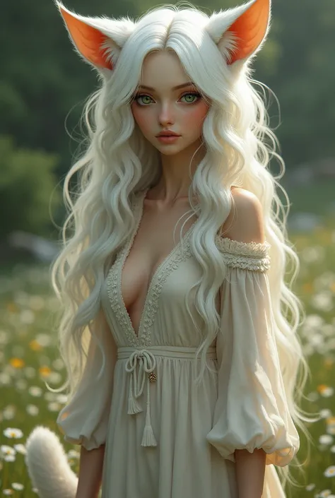  Beautiful girl with wavy long white hair in a bohemian dress, Ears,  with a tail the same color as hair ,  green eyes ,  light brown hair is very short , where the tummy is human skin , голубые глаза и Пышный хвостик с Ears как у кот+dog