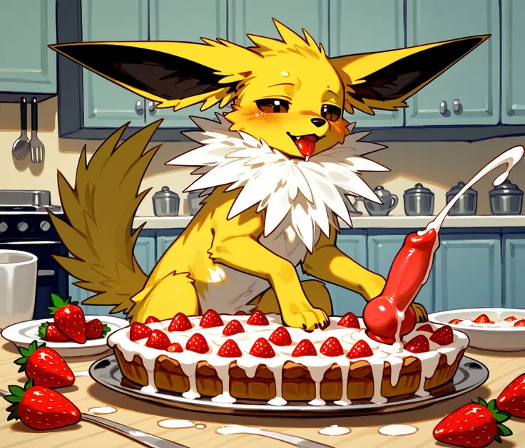 Solo, score_9, score_8_up, score_7_up, feral male jolteon, on food tray, (canine penis, cumming on strawberry pie:1.2), kitchen