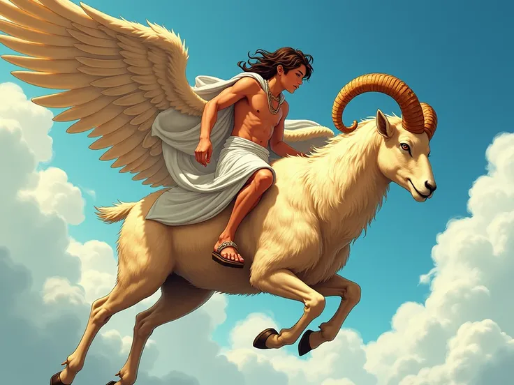  make me an anime-style image of Hele  (A girl) and Frixo  (a male),  the brothers from Greek mythology who escaped in the Golden Winged Ram. haciendo que Hele and Frixo  sean jóvenes de unos 12 a 14 años,  both dressed in ancient Greek clothing , leaving ...