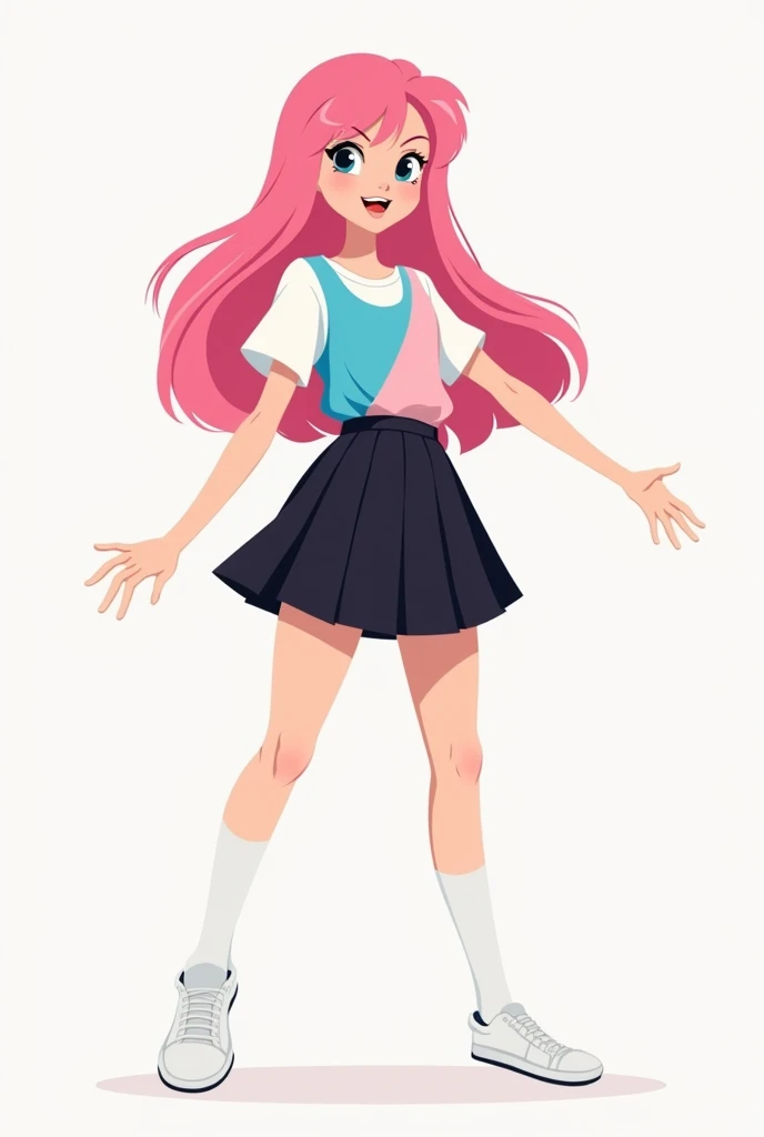 Draw a girl with long pink hair ,  stylish blouse colors white blue and pink ,  pleated black skirt white knee high socks, white tennis shoes,  in a dynamic pose smiling wickedly ,  minimalist stylized cartoon and flat colors