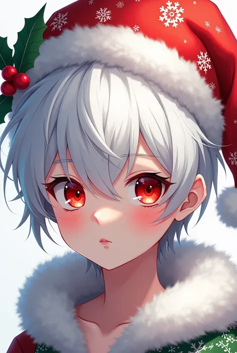 Anime photo:  boy with white hair and red eyes with Christmas headdress