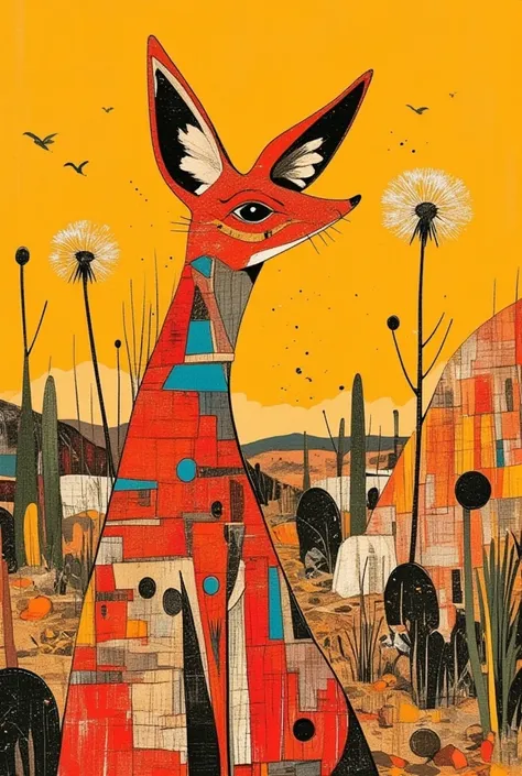 A fennec fox,red,yellow,brown,Surreal collage,a contemporary artistic collage,collage artwork, egyptic style, desert background ,collage art,contemporary collage,mixed media collage, Surreal + has high definition , Surreal style, convertible、 calls it the ...