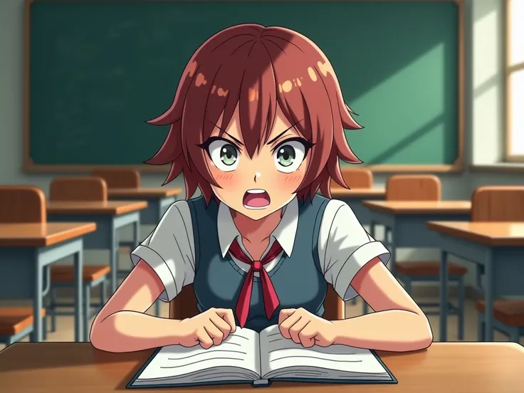 Do an anime one in the classroom chair facing forward in anger at the history teacher