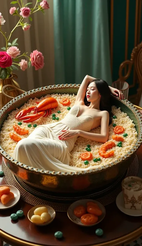 To make the cover  "  Make nasi lemak acai  " Motivated  ，  Coffin tableware inlaid with emeralds and diamonds  ，  A realistic Japanese woman is lying in the tableware  ，  woman in a sexy dress made of rice ，  Hot Body  ，  with an irresistible smile  ，  Th...