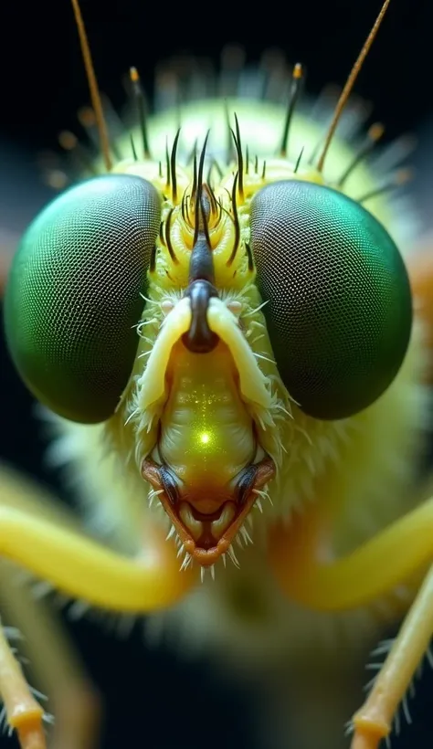 Zoom transparent lime green fly eyes、Primitive Skin 、 Nebula and Starry Eyes , Macro Photography , top quality,  details, 