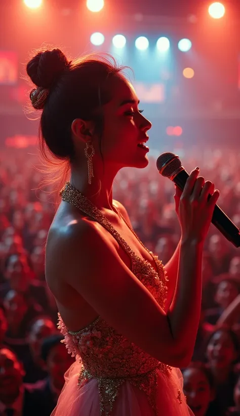 Asian singer in profile singing with all her fans watching her and singing