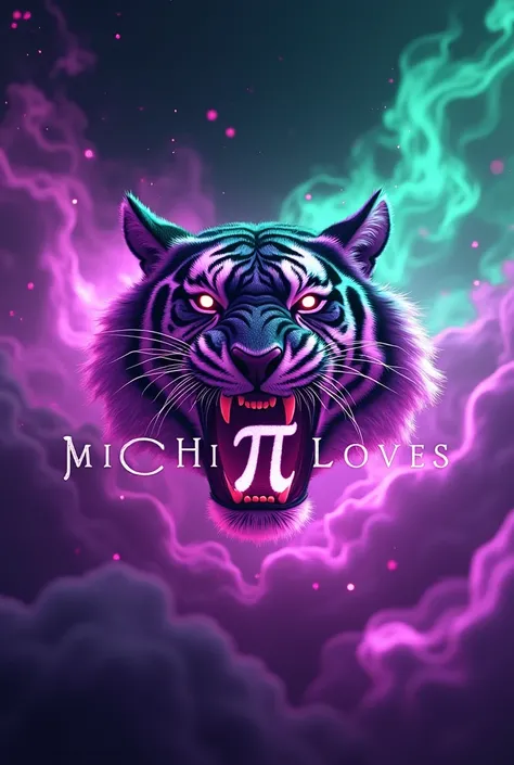  It generates an image with purple and green flames in different shades and has the following text in capital letters "  MICHILOVERS 
Add the pi symbol to the text , so that the symbol looks like a tiger &#39;the mouth of s.  The text I gave you just has t...