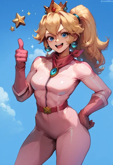 score_9, score_8_up, score_7_up, score_6_up BREAK solo,IncrsPchBiker, long hair, ponytail, biker clothes, bikesuit, pink bodysuit, pink gloves, skin tight, crown, jewelry, earrings,happy,looking at viewer,hand on hip,thumbs up,stars 