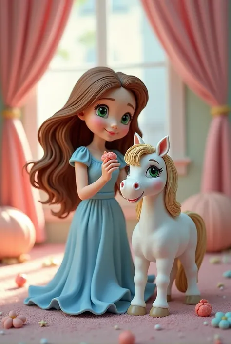 Young Disney style girl with brown hair and white skin with green eyes dressed in blue, modeling a horse in plasticine with a text that says “Emi”