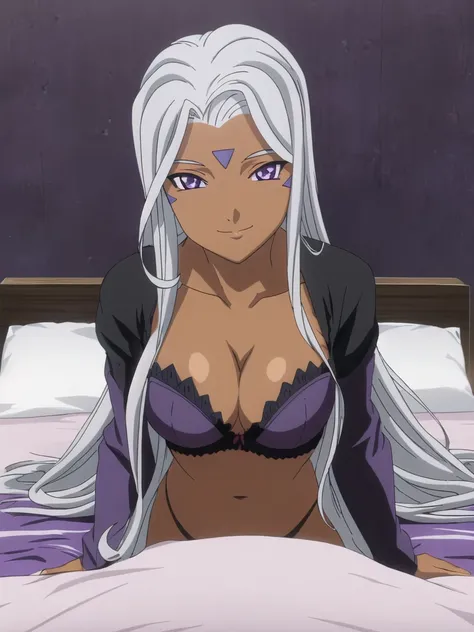 Urd, 1girl, solo, fine detail, dark skin, purple eyes, looking at viewer, smile, cleavage, black bra, black panties, laying on bed, perfect quality, good quality, masterpiece, HDR, UHD