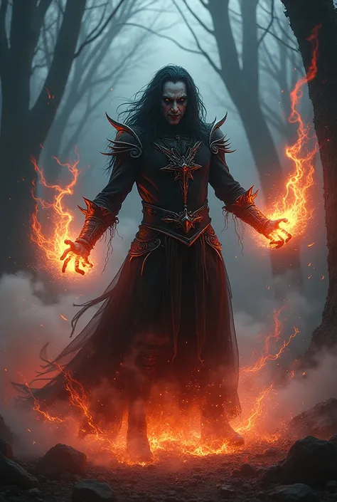 Lightning fire, smoke, Epic Scene with a Dark Fairy,glowing,misty, uhd photorealisitc authentic psychotic angry madman wearing Dark fantasy outfit and intricate gothic  makeup,do something dark magic in the Wood, full body, intricate details, creepy atmosp...