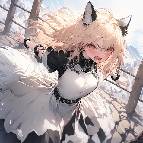 (  Masterpiece ), (   top quality), (    super detailed ),    1 girl in uniform， wolf ear，Shackles， wolf motif，god々Shiny style ， background with chain ， fence，rock，Intimidation，Aggressive， Dutch angle ,  animal ears ,  wolf ears ,  Wolfs Tail， Godley, 