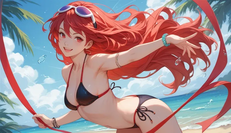 MANGA GIRL RED HAIR RED EYES DJ PLAYING AND DANCING BIKINI standing with your back
