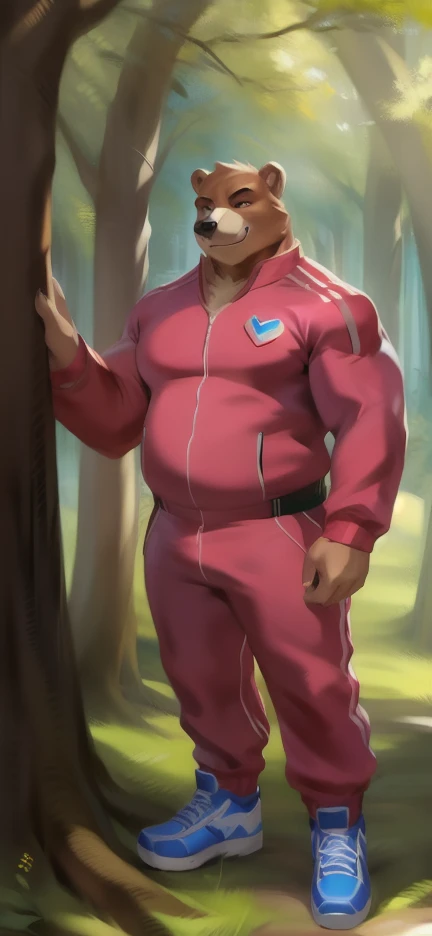 Solo, male Tall​ ,huge​ body​,​ Standing ,forest sakura,big bear ,blue Tracksuit soldier , Wear combat shoes, overweight, muscular, smirking​ evil​ , by chunie